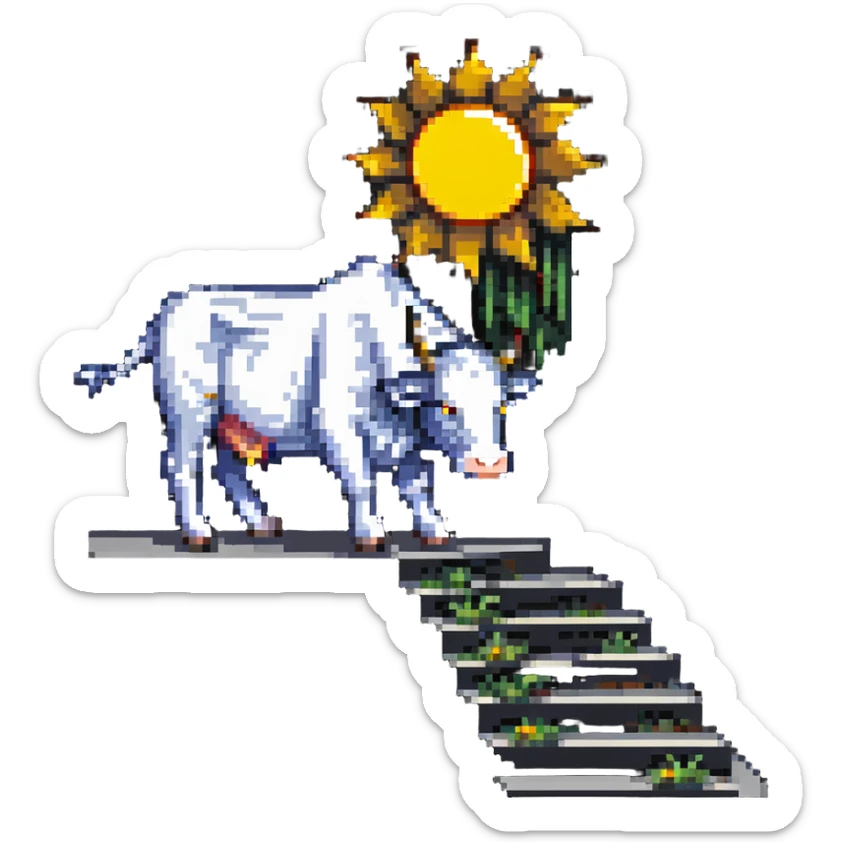pixel art of a surreal creature combining features of a staircase, a cow, and the sun, with sun rays and steps integrated into the cow’s form sticker