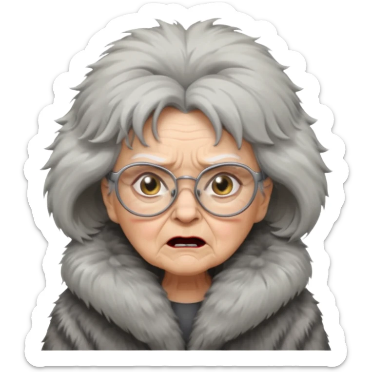 old woman with glasses angry wearing big fur coat sticker