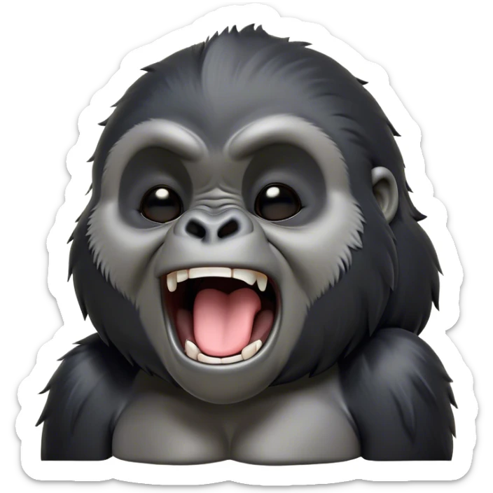 Cinematic Cute Yawning mountain Gorilla Portrait Emoji, Head tilted slightly with a dramatic, wide-open yawn, showcasing a formidable build with a black and greyy mane and drowsy, half-closed eyes, Simplified yet irresistibly adorable features, highly detailed, glowing with a soft, cozy jungle glow, high shine, relaxed yet expressive, stylized with a dash of whimsical primate charm, soft glowing outline, capturing the essence of a drowsy yet affectionate guardian that appears ready to stretch out for a nap! sticker