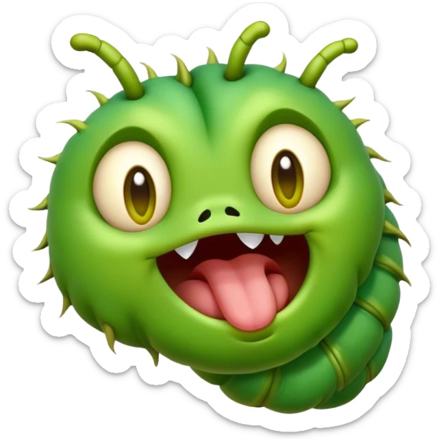 Cinematic Realistic Cute Yawning Caterpillar Portrait Emoji, Head tilted slightly with a dramatic, wide-open yawn, showcasing a soft, downy segmented body in vivid green with subtle drooping and half-closed, drowsy eyes, rendered with intricate natural texture and gentle shadows, high shine, relaxed yet expressive, styled with a dash of woodland charm, soft glowing outline, capturing the essence of a sleepy yet affectionate caterpillar that appears ready to stretch out and rest among the leaves! sticker