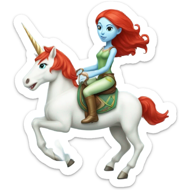 [
	{ a light green Amazon alien woman [ with red hair, with blue eyes]} 
	on a 
	[{ unicorn: white, six-legged, light blue mane}] sticker