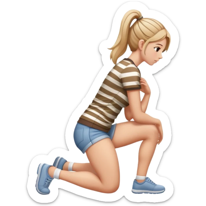 female figure in casual outfit with striped top kneeling on ground, back view sticker