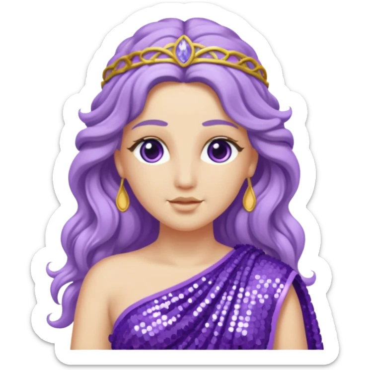 Aphrodite from Roman Deities with long lavender wavy hair, lavender sequin toga sticker