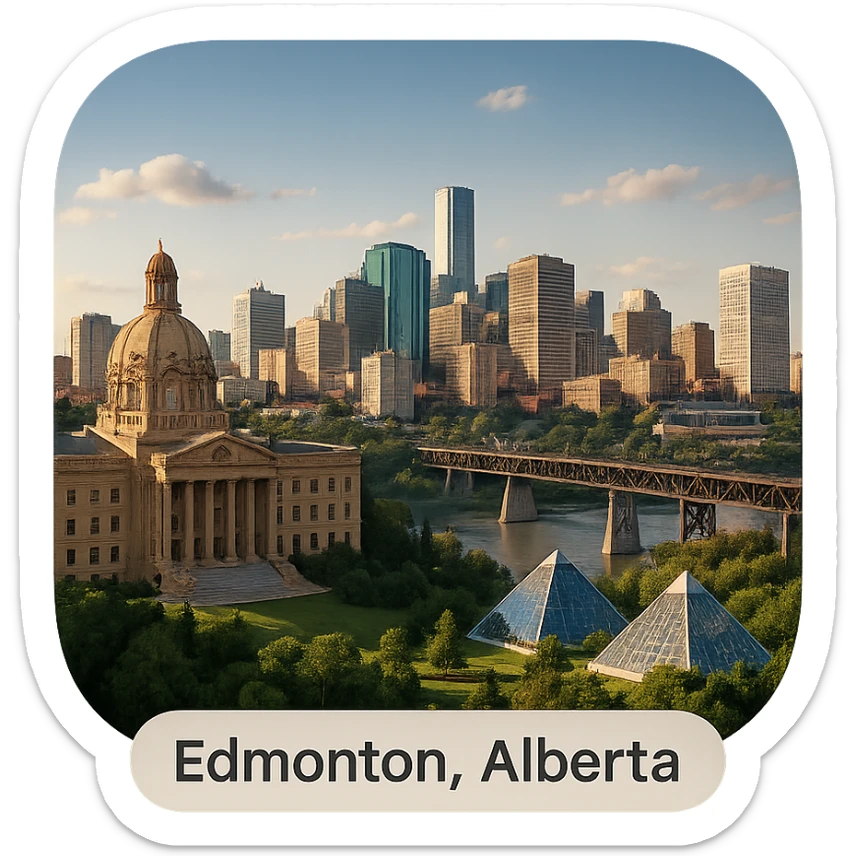 cinematic, realistic emoji of Edmonton, Alberta, featuring a skyline with iconic landmarks such as the Alberta Legislature Building, Muttart Conservatory, and the High Level Bridge, with lifelike detail, accurate colors, bright lighting, wide city view, fully transparent background sticker