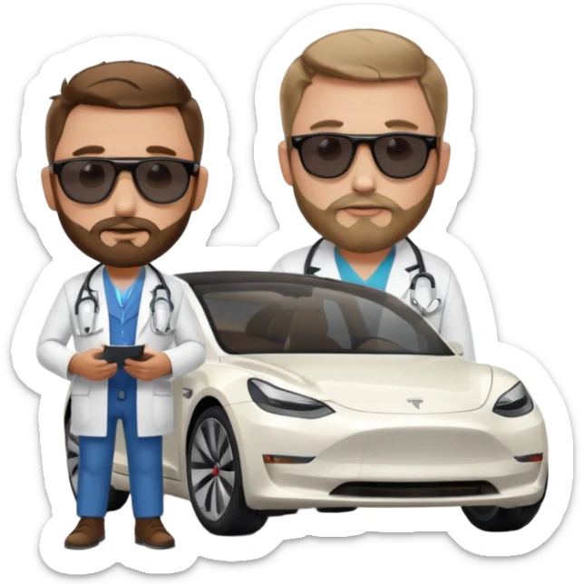 White tesla model 3 and one cool physician with dark blond hair, beard, stetoscope and dark sunglasses next to it sticker