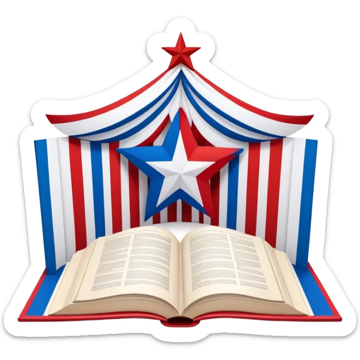 Theater scenography book with pages forming the Puerto Rican flag design, red and blue stripes with white star, showing stage elements and set designs sticker