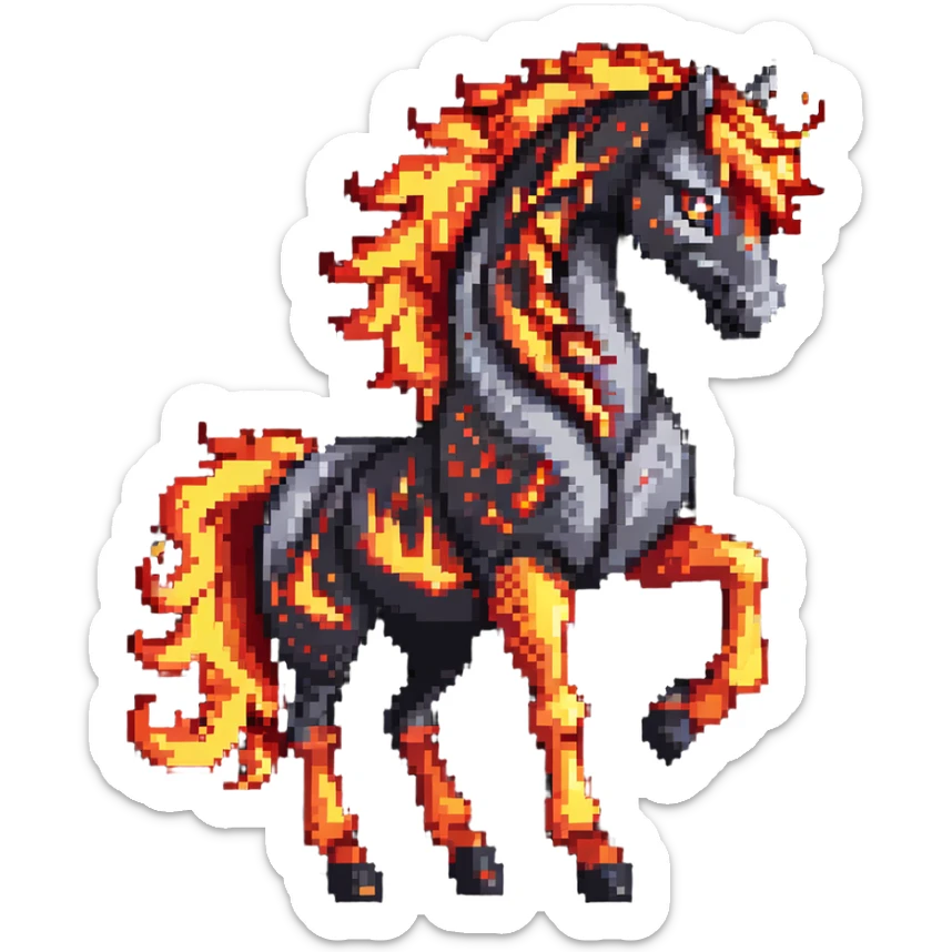 A red fire horse made of embers and magma, with visible lava flowing through its body, flames burning off its mane and tail, and ash particles surrounding it sticker