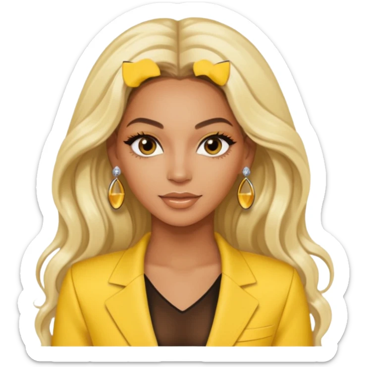 Beyonce brown eyes, long platinum blonde hair, yellow outfit with earrings sticker
