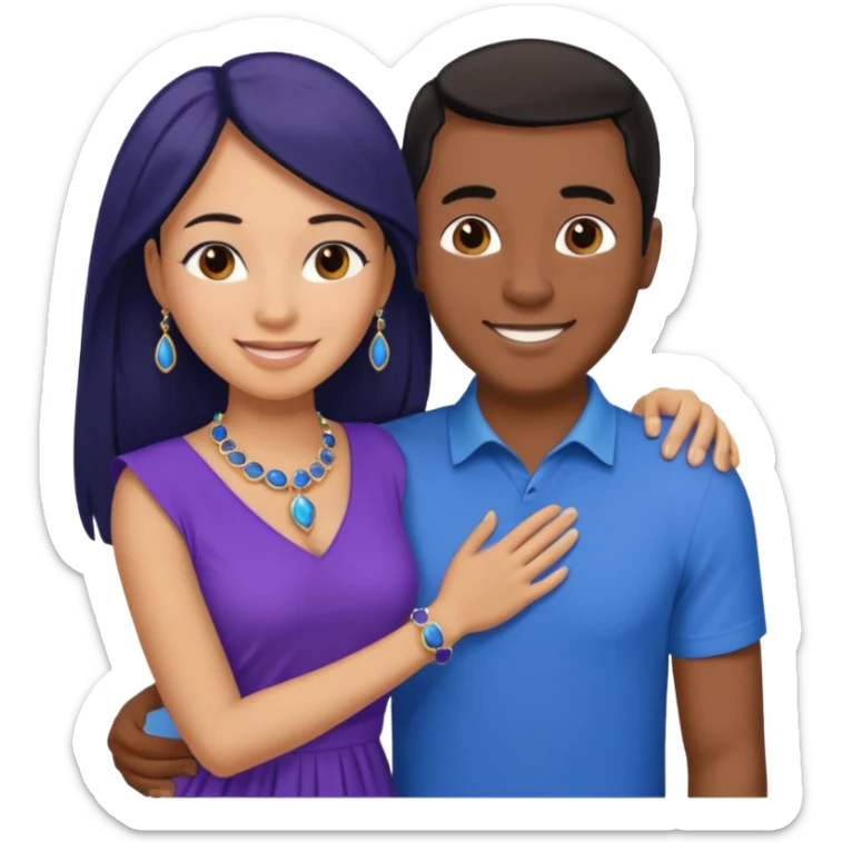smiling embracing interracial couple. man is tan and has brown straight hair he is wearing blue. woman has very dark color skin and long black hair. she is wearing purple and has matching blue jewelry on sticker