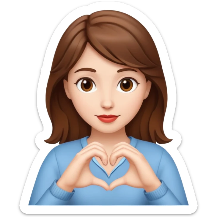 White woman with brown hair and heart hands sticker