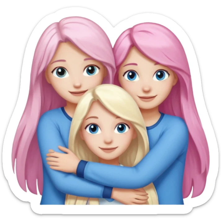 four white grips hugging and smiling    2 girls with brown eyes and long dark brown hair. One girl with long light pink hair and blue eyes, one girl with blue eyes and light blonde hair sticker