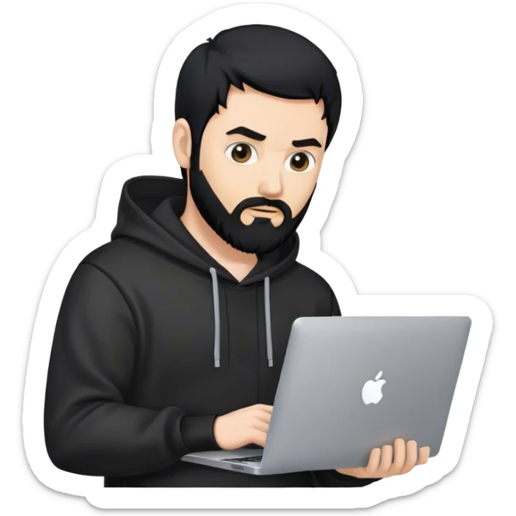 hackeur blanc cheveux noir barbe et capuche noir avec un macbook sticker