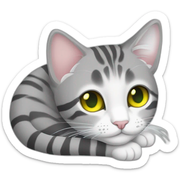 light gray tabby cat with white stripes domestic short hair with yellow green blue eyes and black pupil sleeping sticker