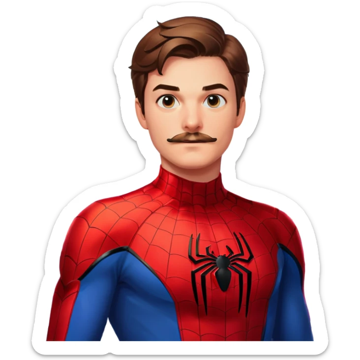 cartoon style, Peter Parker with mustache in Spiderman suit, city background, vibrant colors, 8k, high resolution sticker