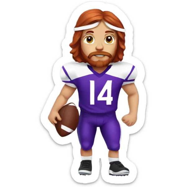 Redhead jesus playing American football wearing purple number 14 sticker
