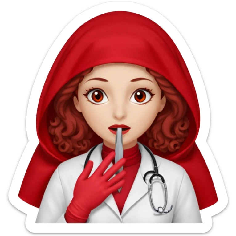 Lilith scalpel in hand, evil surgeon sexy surgeon clothes.  She has red eyes. She brown long curly hair. Wears sexy doctor outfit with red gloves. Wears red burka Covers mouth neck and nose with red burka to hide her identity sticker