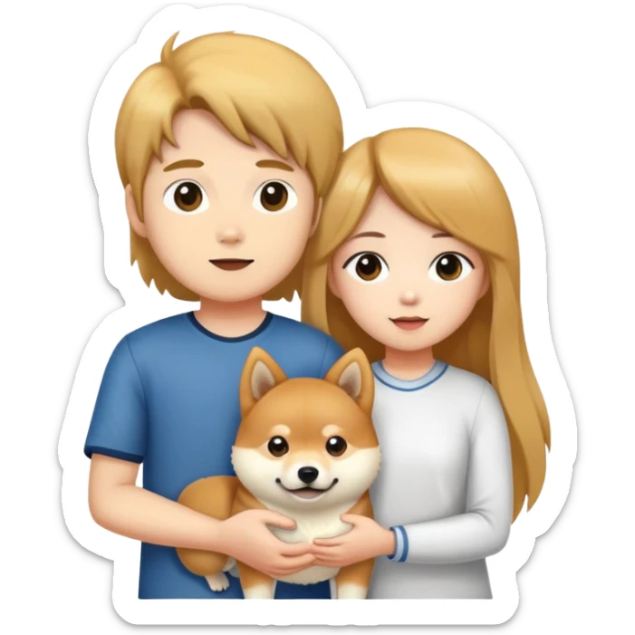 A long-haired girl -and- a boy -holding- a Shiba Inu sticker