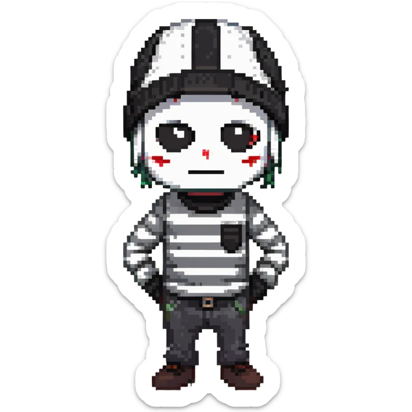 character with black and white striped shirt, black beanie, black mask over eyes sticker