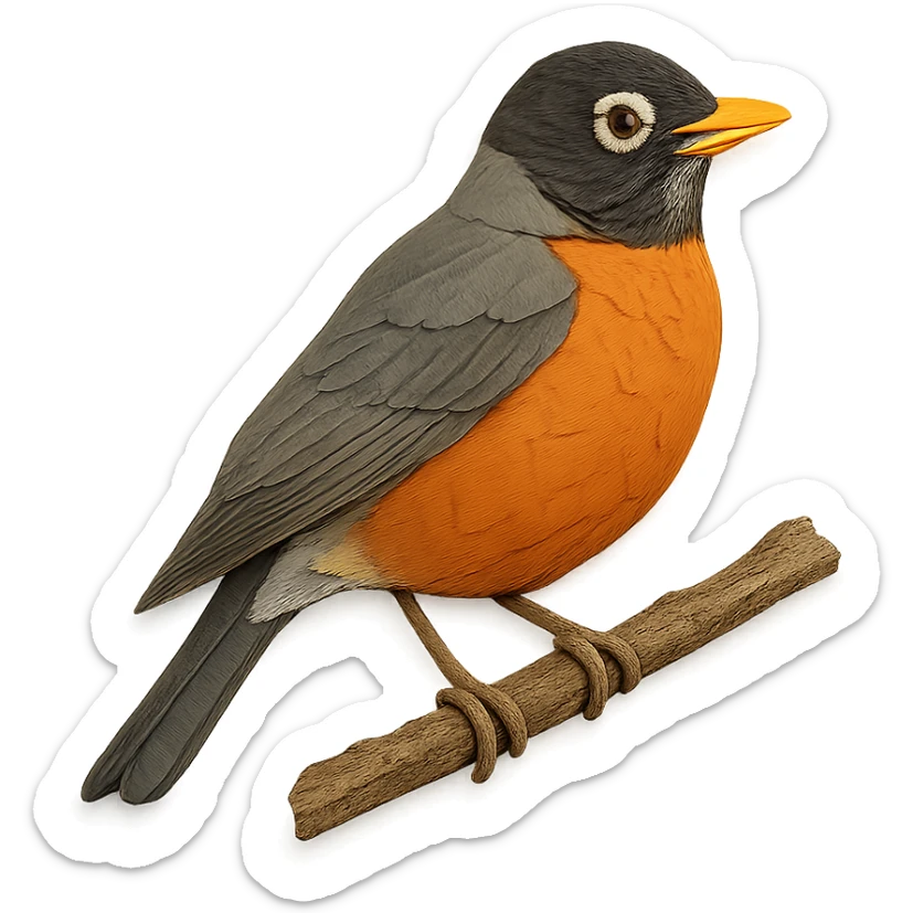 close-up of an American Robin perched on a tree branch, fine paper edges, naturalistic feather patterns, orange and gray colors sticker