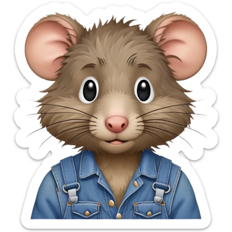 Disheveled rat wearing blue denim overalls, messy fur, looking tired and scruffy sticker