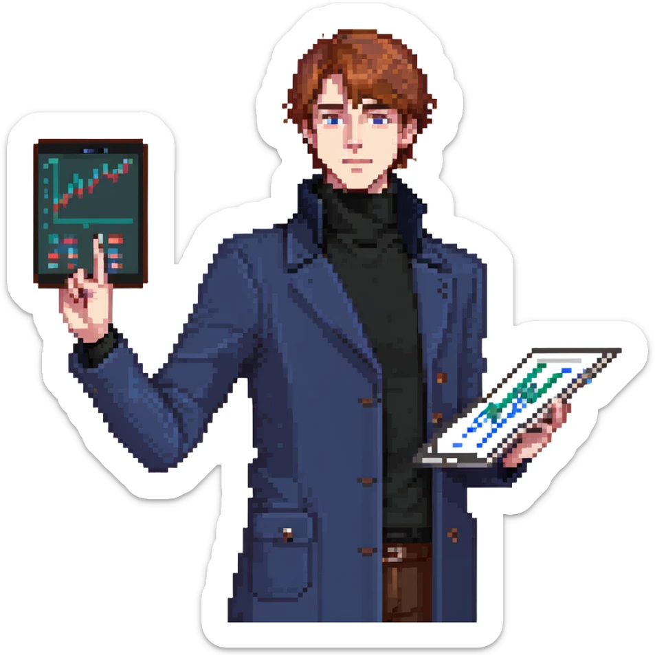 Flat pixel art, bold and charismatic male leader, Caucasian, short auburn hair, sharp eyes, wearing indigo coat over black turtleneck, one arm raised giving direction, holding tablet with graphs, waist-up, front-facing sticker