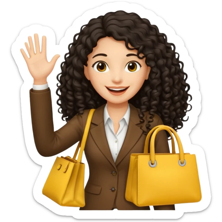medium deep tan brown business woman with long black curly hair, waving hand with happy face with smile mouth and carrying yellow bag on her shoulder sticker