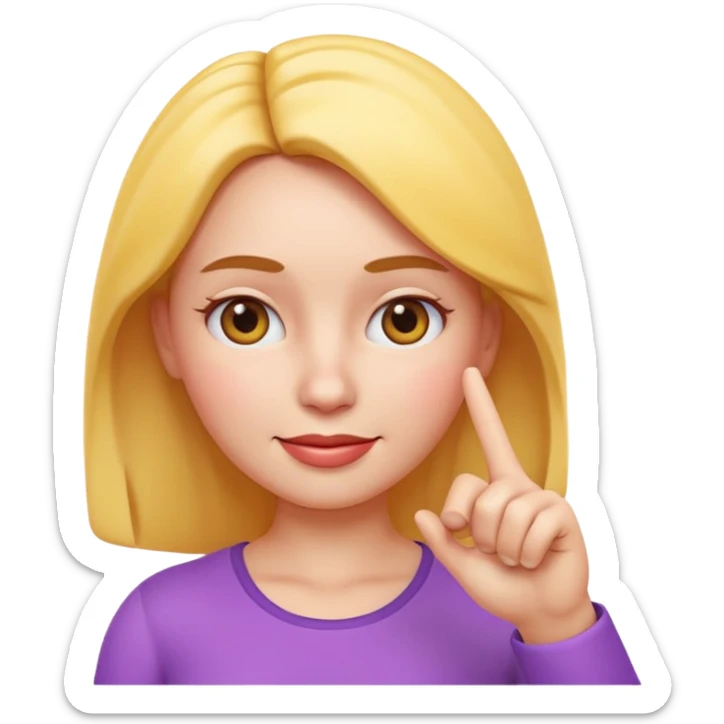 Apple-style 3D emoji of a cartoon woman pointing to her forehead with one finger, friendly expression, clean and colorful design, no background. sticker