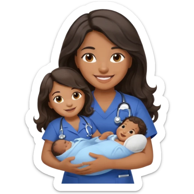 Female nurse smiling with long dark wavy hair with medium brown skin and brown eyes holding one tiny new born baby with navy blue short sleeves sticker