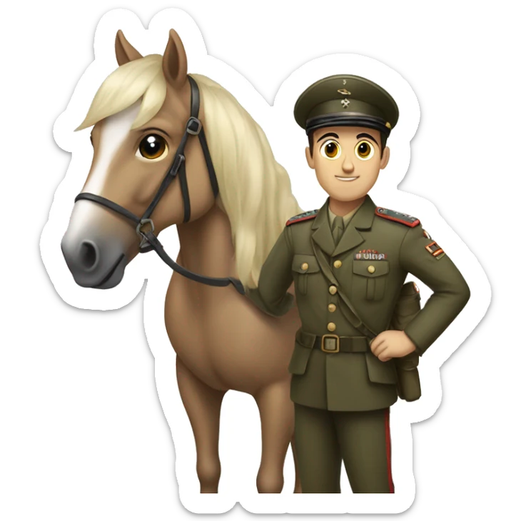 young man with a small square mustache, black side-parted hair, and in a WW2 military uniform on a pony sticker