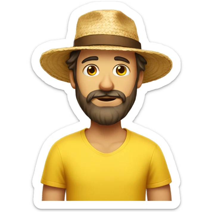 european man with a brown beard wearing a straw hat and a yellow t-shirt sticker