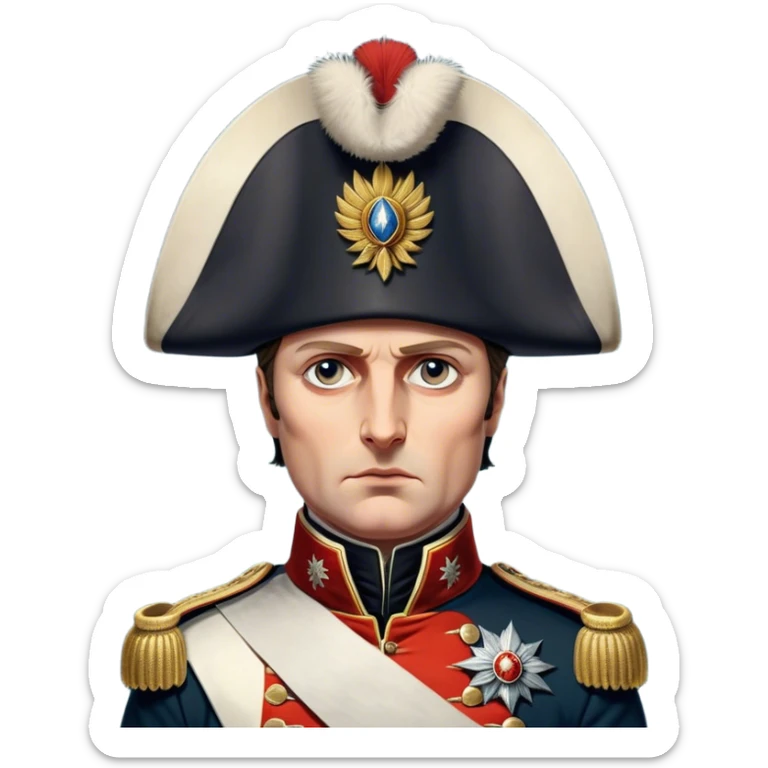 Cinematic Realistic Napoleon Bonaparte Portrait Emoji, depicted as a commanding military leader with a determined gaze and iconic bicorne hat, rendered with dramatic textures and bold historical lighting that captures his imperial legacy. sticker