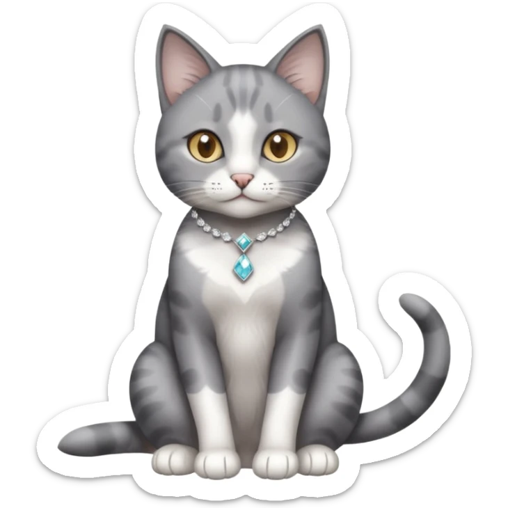 Grey cat with a white diamond spot on her chest and white markings on her paws sitting pretty sticker