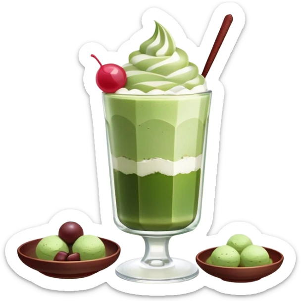 Japanese matcha parfait in a glass, with layers of green tea ice cream, red bean, mochi cubes, and whipped cream. Soft neutral background, cozy kissaten vibe. sticker