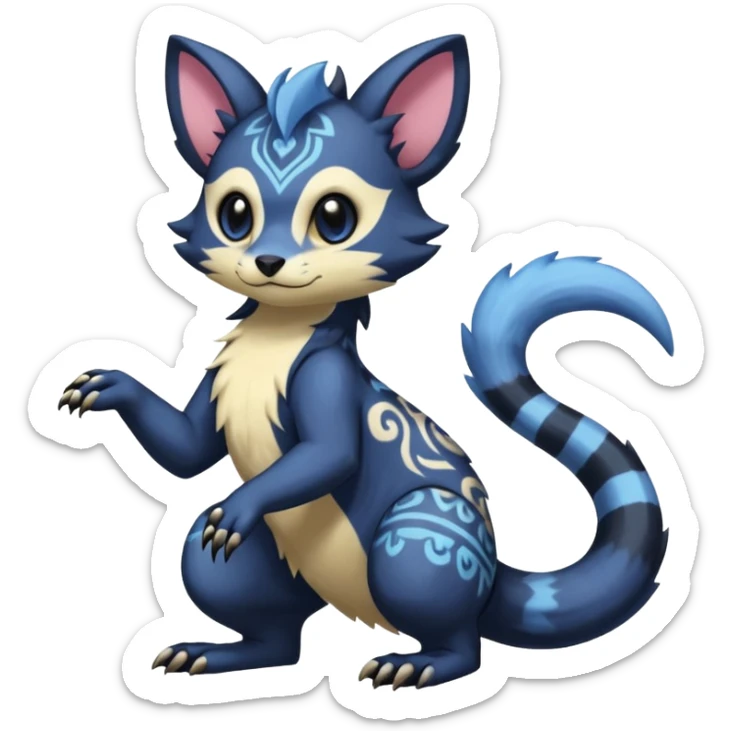 Rare warm-colored exotic cute epic aesthetic gothic colorful Salandit-Furret-Espurr-Meowstic-Civet-species-Fakemon-hybrid-creature, with tribal tattoo markings, full body sticker