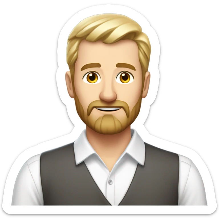 middle aged english man, short slicked back hair blonde, blonde medium length size full beard, eyesbrows not raised, in a smart white unbuttoned shirt. sticker