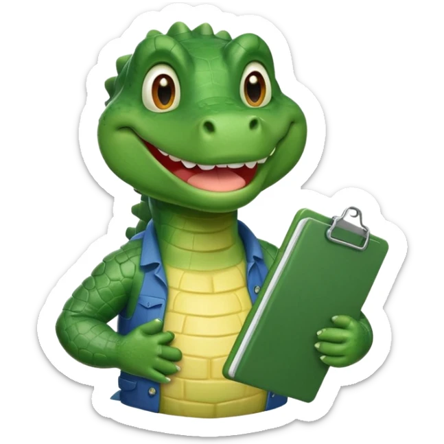 A cartoon gator with a clipboard and a pencil against a light green circle background sticker
