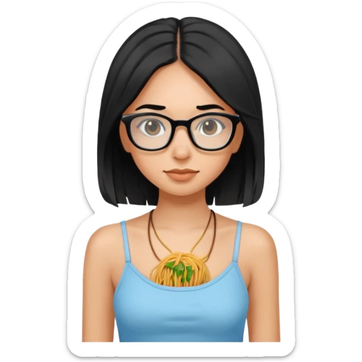 light brown girl with long eyelashes, black medium hair, clear glasses, cute light blue tank top with spaghetti straps sticker