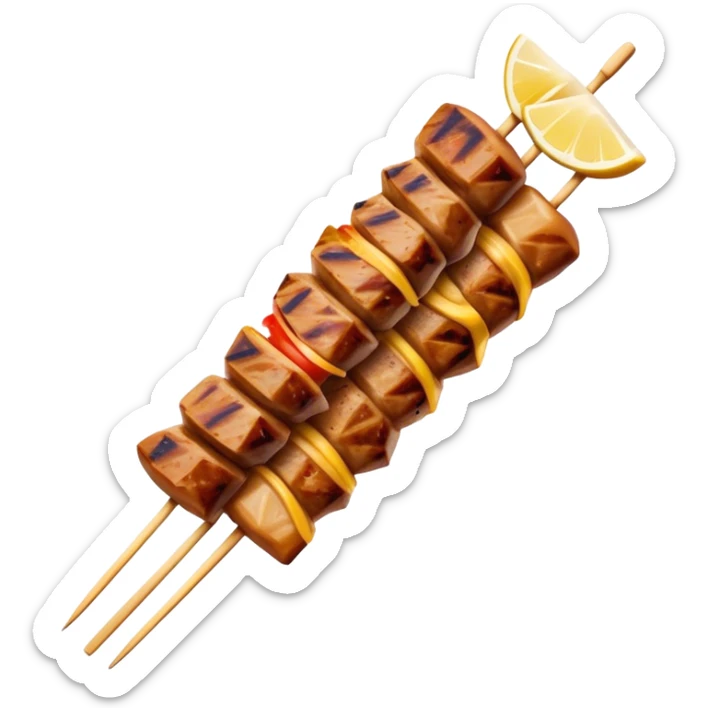 Cinematic Realistic Souvlaki Dish Emoji, showcasing skewered, grilled meat with Mediterranean spices rendered with dynamic textures and warm, appetizing lighting. sticker