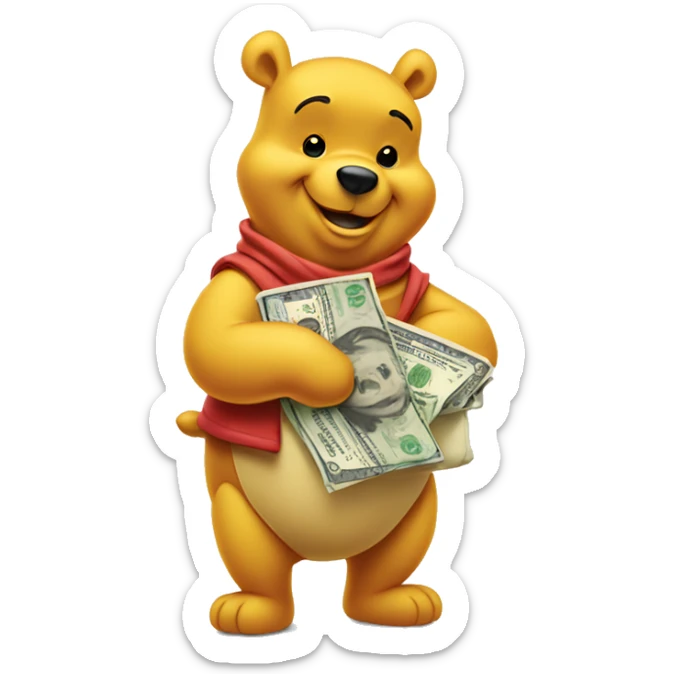 Winnie the Pooh holding a bag of cash sticker