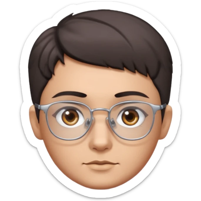 personagem com corte de cabelo Wolf cut curto, cabelo castanho escuro, olho castanho escuro, sombrancelha castanho escuro, óculos sem aro prata quadrado. sticker