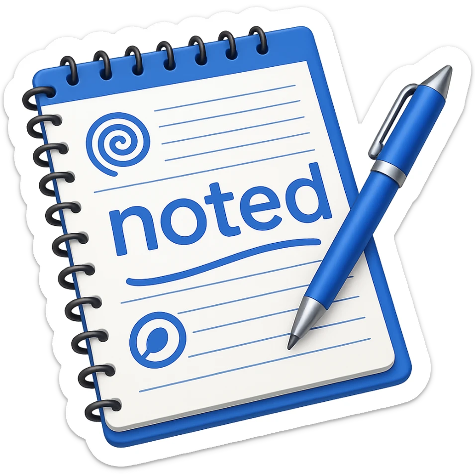 Add the word 'noted' in a clear, simple font integrated with the apple style emoji. Keep the apple emoji style look and ensure no background (transparent). sticker
