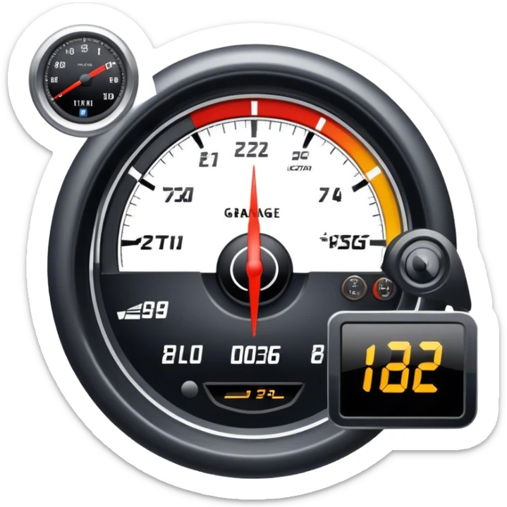 An icon showing a racing game interface, inspired by Grand Turismo. The design features a garage with a selection of high-performance cars, along with race track visuals in the background. Speedometer, lap timer, and other HUD elements add to the excitement. Transparent background sticker