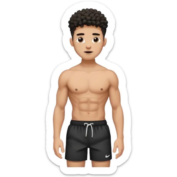 Ripped, athletic man with thick neck, high top fade with no part, curly hair only top only, no shirt and show waistline up, white male, black shorts and more man face sticker