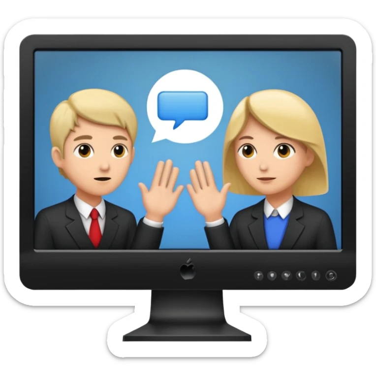 personas debatiendo revisando un monitor grande sticker