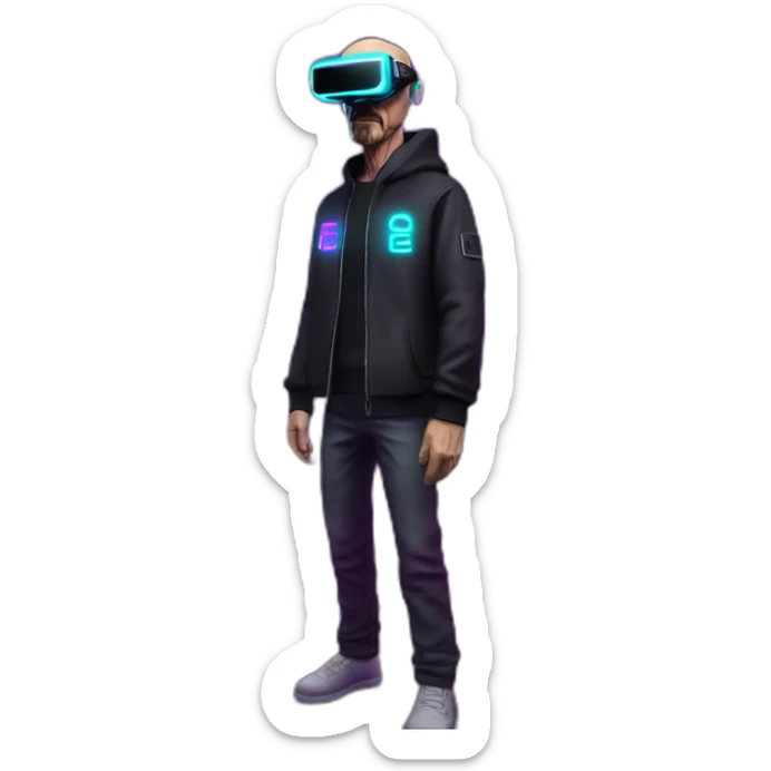 Walter White wearing a black hoodie with "OMG" letters on it and VR headset in a cyberpunk VR environment with violet neon lighting. sticker