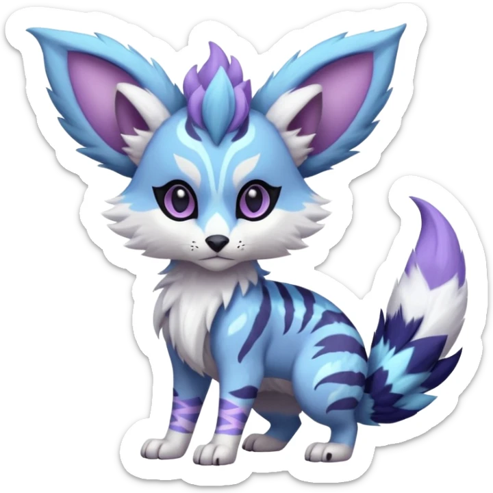 Futuristic furry fluffy floofy feathery tribal marked Genet-Absol-Kyurem-Zeraora-Primagen-fusion-creature  with big wide ears  sticker
