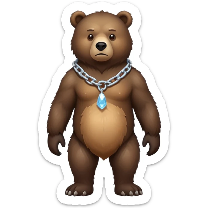 Very dark brown bear in full body view on all four legs, highly realistic fur texture, serious expression, full-length view with ice chain around neck sticker