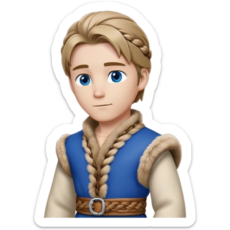 Medieval winter outfit worn by a DnD themed fantasy male character. Double-thick russet wool tunic with mink fur trim, featuring carved wooden toggles and a wide braided leather belt. Clothes only above the waist, full waist coverage. The character has no arms. Character is white-skinned with dark blonde hair, sapphire blue eyes, and medium-length straight hair touched by winter frost. sticker