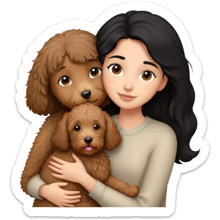 a girl with medium long black hair, hugging a little brown coated labradoodle. sticker
