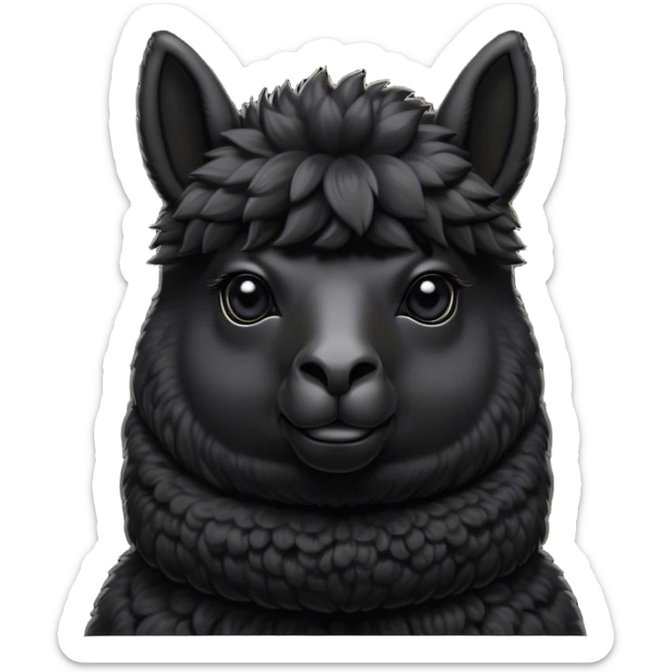 Cinematic Noble Black Alpaca Portrait Emoji, Poised and regal, with a striking, sturdy build and a sleek, well-groomed jet-black fleece, deep-set soulful dark eyes, Simplified yet sharp and sophisticated features, highly detailed, glowing with a soft, dignified glow, high shine, intelligent and mysterious, stylized with an air of elegant austerity, focused and attentive, soft glowing outline, capturing the essence of a watchful and confident companion, so majestic it feels as though it could stride out of the screen with effortless authority! sticker